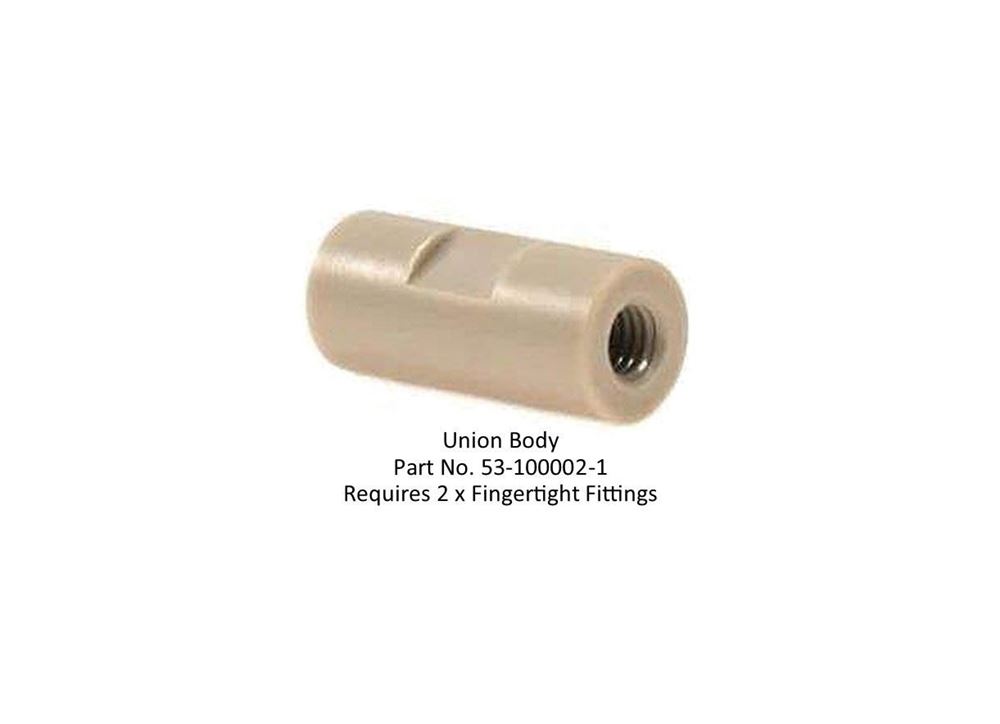 Picture of Connector Union PEEK 0.020" (0.50mm) Thru-Hole for 1/16" OD Tubing (Union Body Only)   (Requires 2 x P/N. 53-100000-1 Nut per Union Tee)